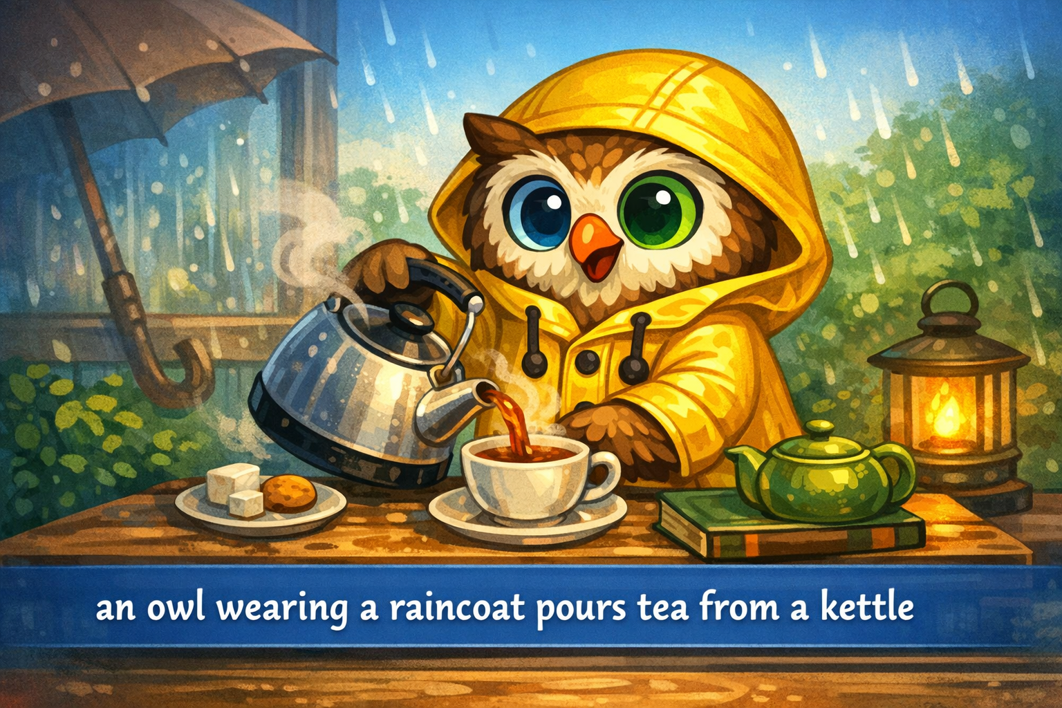 Example scene: an owl in a raincoat pouring tea from a kettle