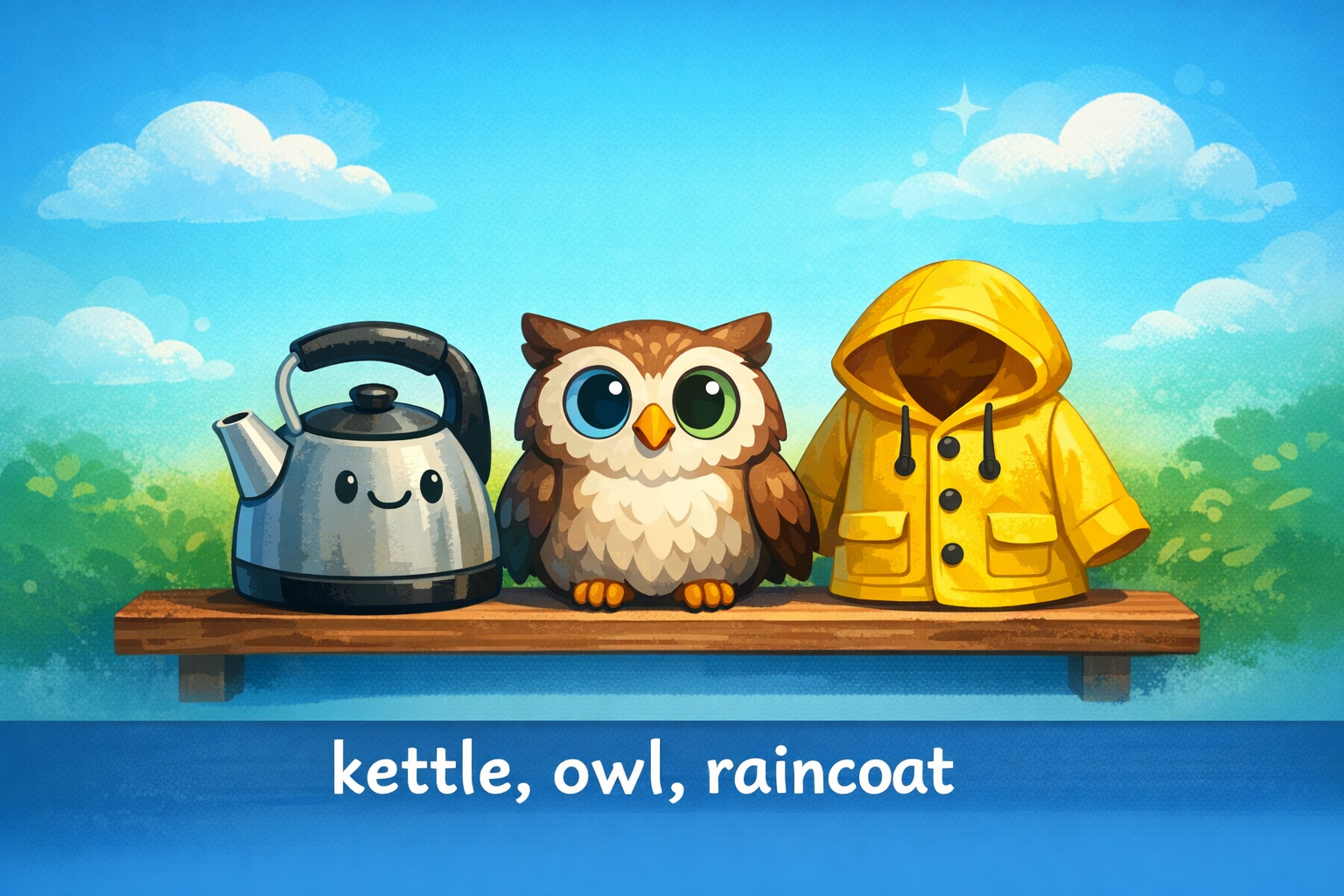 Example objects: kettle, owl, raincoat